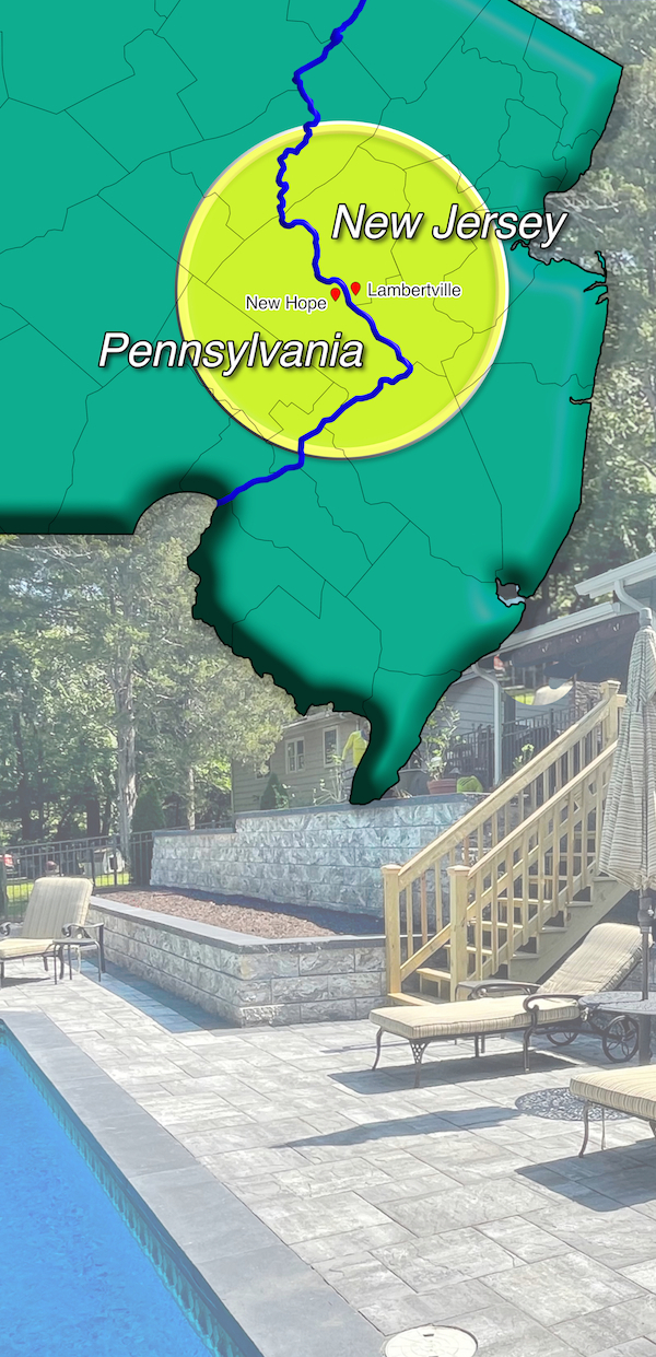 Map of our service are showing a circle centrally located over Lambertville NJ and New Hope PA. The service area circle has roughly a 50 mile radius and include parts of the following counties in New Jersey: Hunterdon, Somerset, Mercer, Middlesex, Monmouth, Burlington, Camden, Ocean, Morris, Warren. In Pennsylvania it includes parts of the following counties: Bucks, Montgomery, Philadelphia, Lehigh, Berks. The map graphic overlays a picture of a pool landscaping project showing the pool edge, pavers, retaining walls, and mulch.