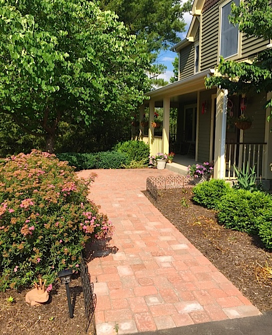 Landscaped walkway, garden, and bushes